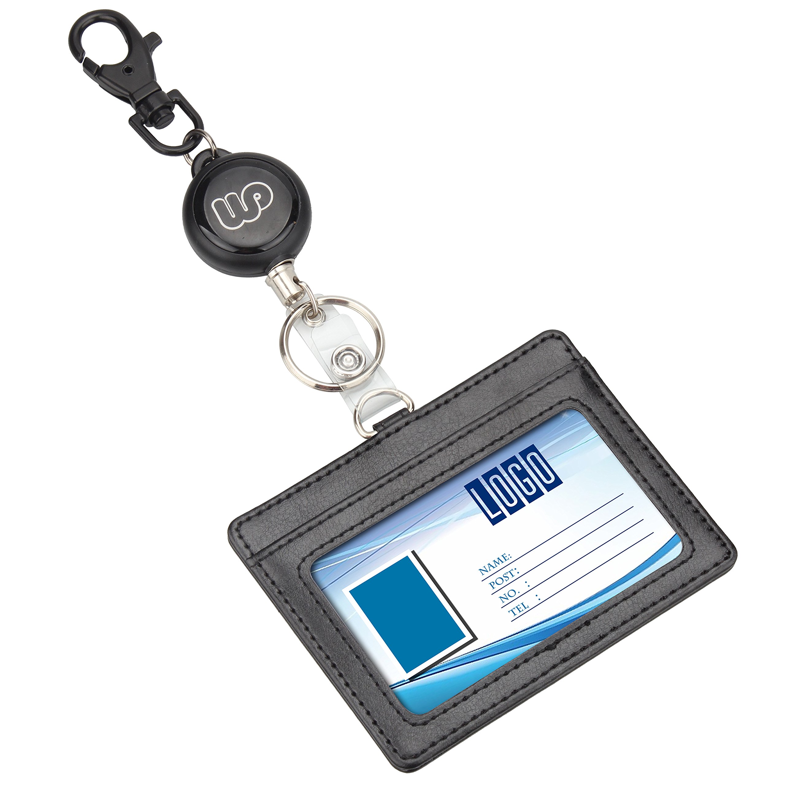 Wisdompro Retractable Reel with Heavy Duty 2-Sided PU Leather ID Badge Holder and Key Ring - Horizontal