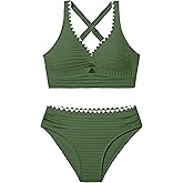 Oranchids Girls Swimsuit Solid Color Textured Bikini Set Contrast Trim Bathing Suit 2 Piece Swimwear Adjustable Straps 9-16T