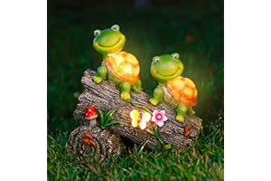 WOGOON Garden Turtle Figurines Outdoor Decorations, Solar Powered Sweet Frog Face Turtles Resin Statue with 4 LED Lights, Garden Art Spring Fall Winter Christmas Decor for Patio Lawn Yard