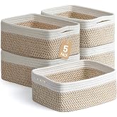 Yilobi 5 Pack Small Woven Storage Baskets for Shelves, Gift Baskets Empty | 11.8"x7.9"x4.7", Decorative Cotton Rope Baskets Organizer, Storage Bins for Organizing Bathroom, Closet, Nursery, Khaki/White