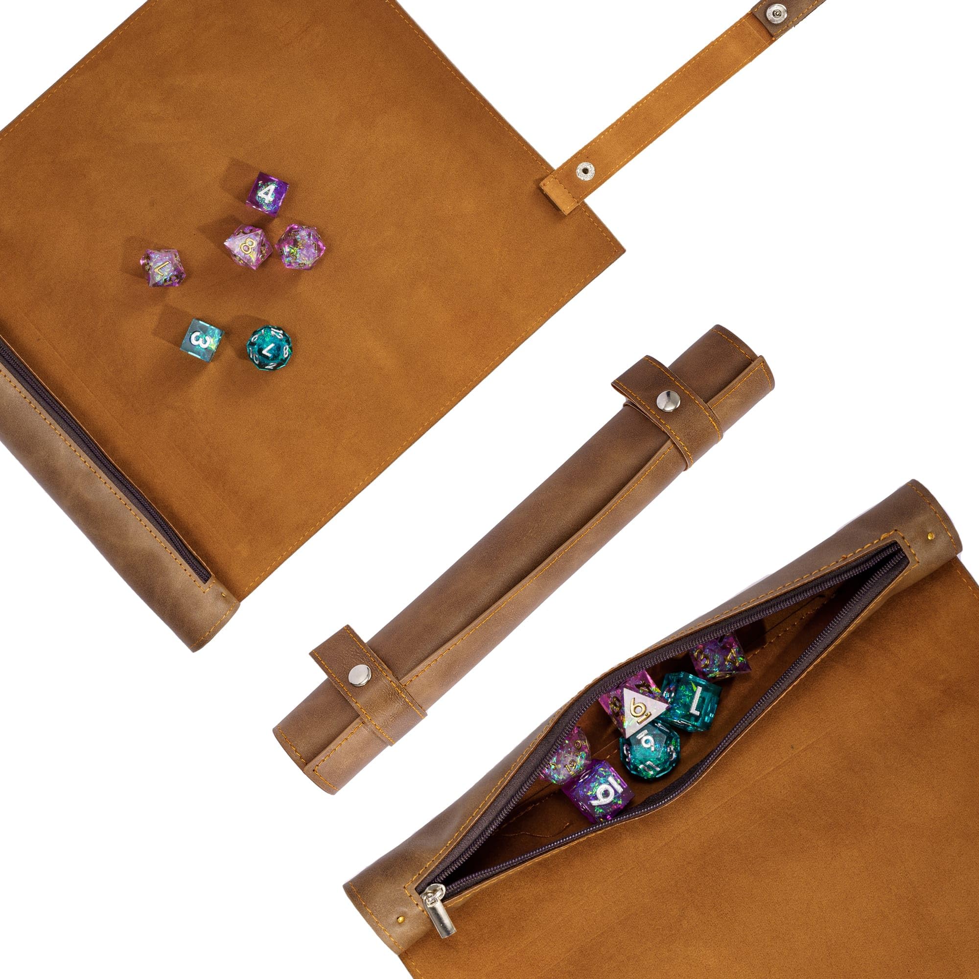 Pen and Paper Scroll Style Faux Leather Rolling Cube Mat with Cube Storage Ideal for DND, DSA, Aborea, Cthulhu, etc. (Brown)