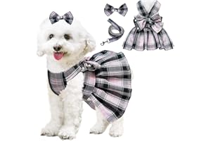 HHIMYOCT Dog Dress Bowknot Harness Leash Set for Small Dogs Girl Cute Plaid Dog Dress Pearls Bow Tie Spring Summer Princess Clothes Birthday Holiday Doggie Outfits for Puppy Cats Girl Apparel (Black, Medium)