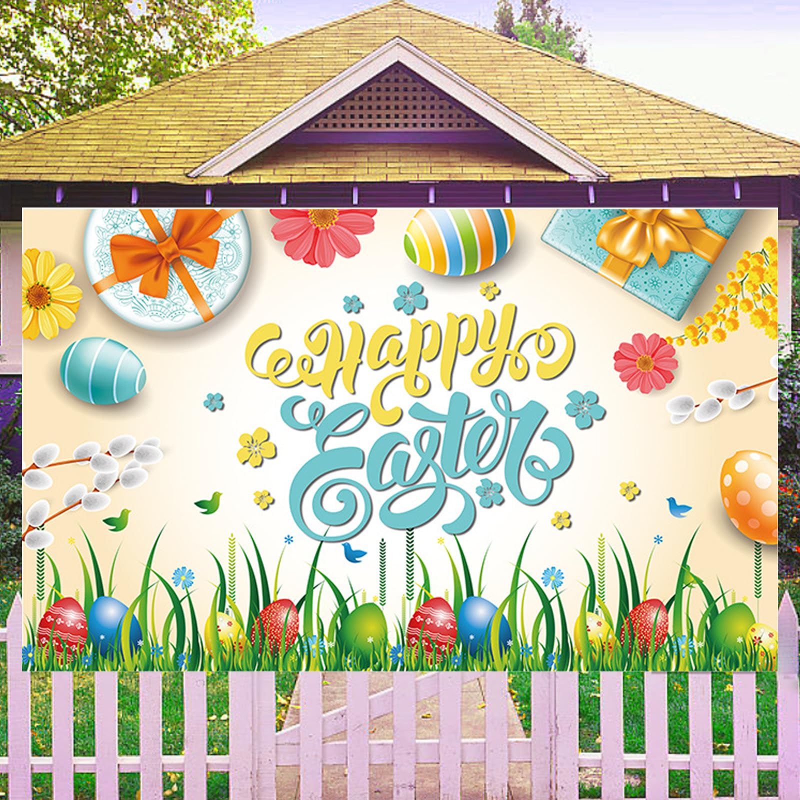 Easter Backdrop Banner,Easter Decorations Egg Game Activity Banner (180 x 110 cm)