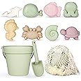 MarcZero 11Pcs Silicone Beach Toys,Modern Baby Beach Toys,Travel Friendly Beach Set,Silicone Bucket, Shovel, 8 Sand Molds, Beach Bag, Sand Toys for Toddlers, Kids (Green)