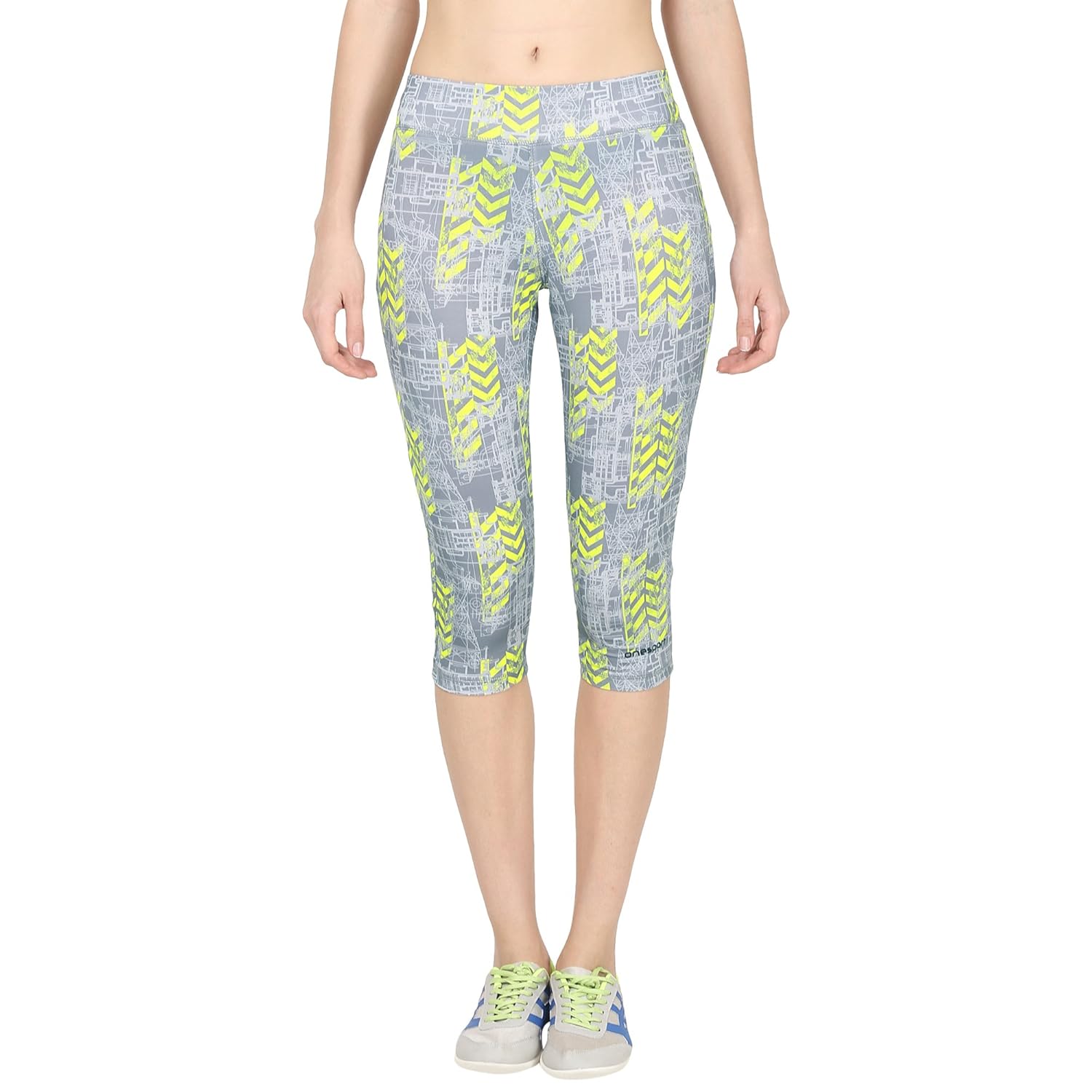 onesport grey & yellow slim fit sports capri for women(onsp39gp)