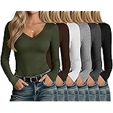 Oakgarden 6 Pack Women's V Neck Shirts Long Sleeve Top Slim Fit Casual Undershirts Layer Basic Tee Fall Outfits