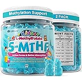 Kids L-Methylfolate Gummies w/ Methyl B12, Vitamin B6, Choline & Vegan DHA Algae Oil - Active 5-MTHF Methylated Vitamins for Brain Health, Cognition, Energy,Focus Gummies for Kids, Sugar Free, 2 Pack