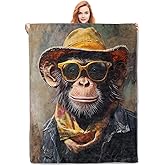 VANZEV Cool Chimpanzee Blanket Gifts for Women, Stylish Monkey with Hat and Sunglasses Flannel Blanket, Soft Warm Lightweight Throw Blankets for Bed Couch Home Travel Decor 50" x 60"