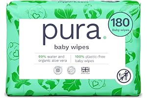 Pura Natural Sensitive Baby Wipes, 99% Water, Unscented & Hypoallergenic, Suitable for Sensitive & Eczema-prone Skin, Fragrance Free & Hypoallergenic, EWG Verified, 3 x 60 per pack (180 Wipes)