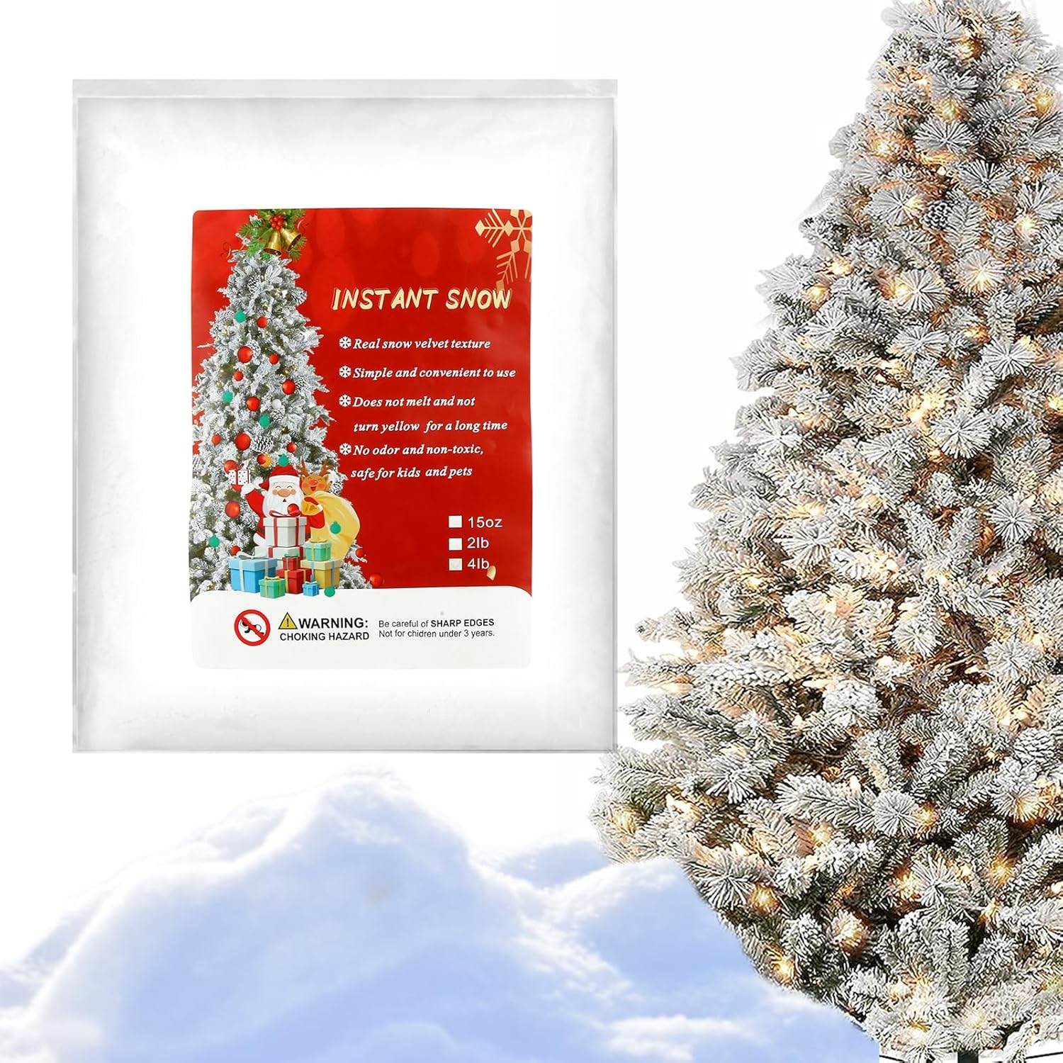 Artificial Snow - Aufien Premium Snow Flocking Powder, Instant Snow Powder, Original Self-Adhesive Snow Flock, Fake Artificial Snow, Snowflakes Flock for Christmas Tree, Great for Winter Decoration Displays (15 Oz)