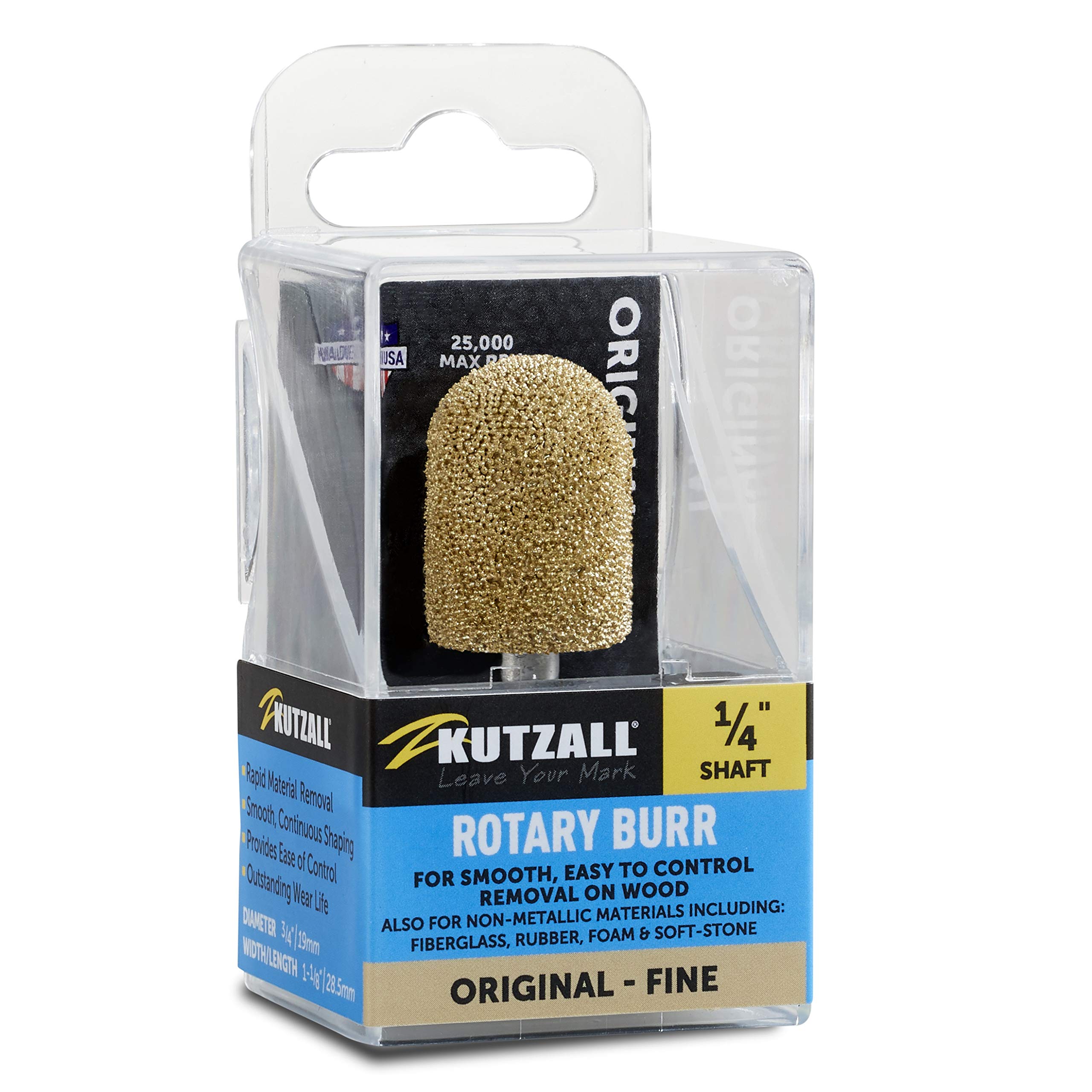 Kutzall Original Ball Nose Rotary Burr, 1⁄4" Shaft, Fine - Woodworking Attachment for Bosch, DeWalt, Milwaukee, Makita. Abrasive Tungsten Carbide, 3⁄4" (19mm) Dia. X 1-1⁄8" (28.5mm) Length, BN-34G