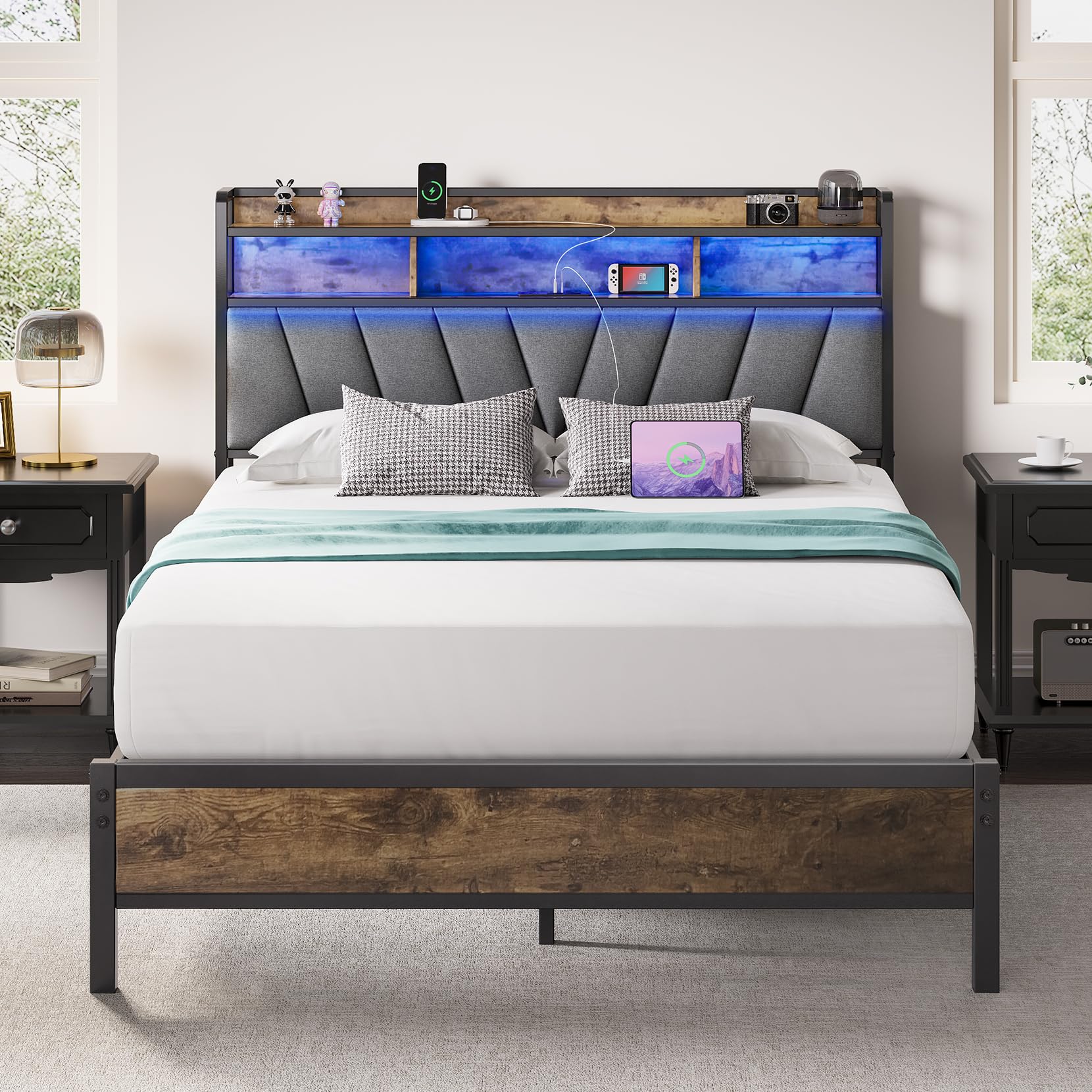 Welzona Full Size Bed Frame with Headboard, LED Lights Full Bed Frames with Charging Station, 2-Tier Storage Shelves, Heavy Duty Metal Slats, Noise-Free, No Box Spring Needed, Easy Assembly, Brown Image Welzona Full Size Bed Frame with Headboard, LED Lights Full Bed Frames with Charging Station, 2-Tier Storage Shelves, Heavy Duty Metal Slats, Noise-Free, No Box Spring Needed, Easy Assembly, Brown Image