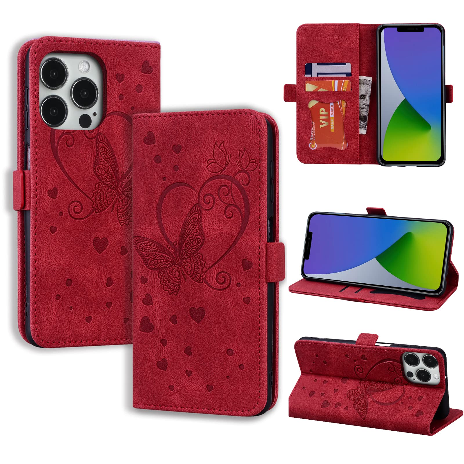 CASAFUNY Case for iPhone 14 Pro Case Flip Wallet Leather Case with Card Holder Kickstand Magnetic Closure Protective Phone Case Cover for iPhone 14 Pro, Red