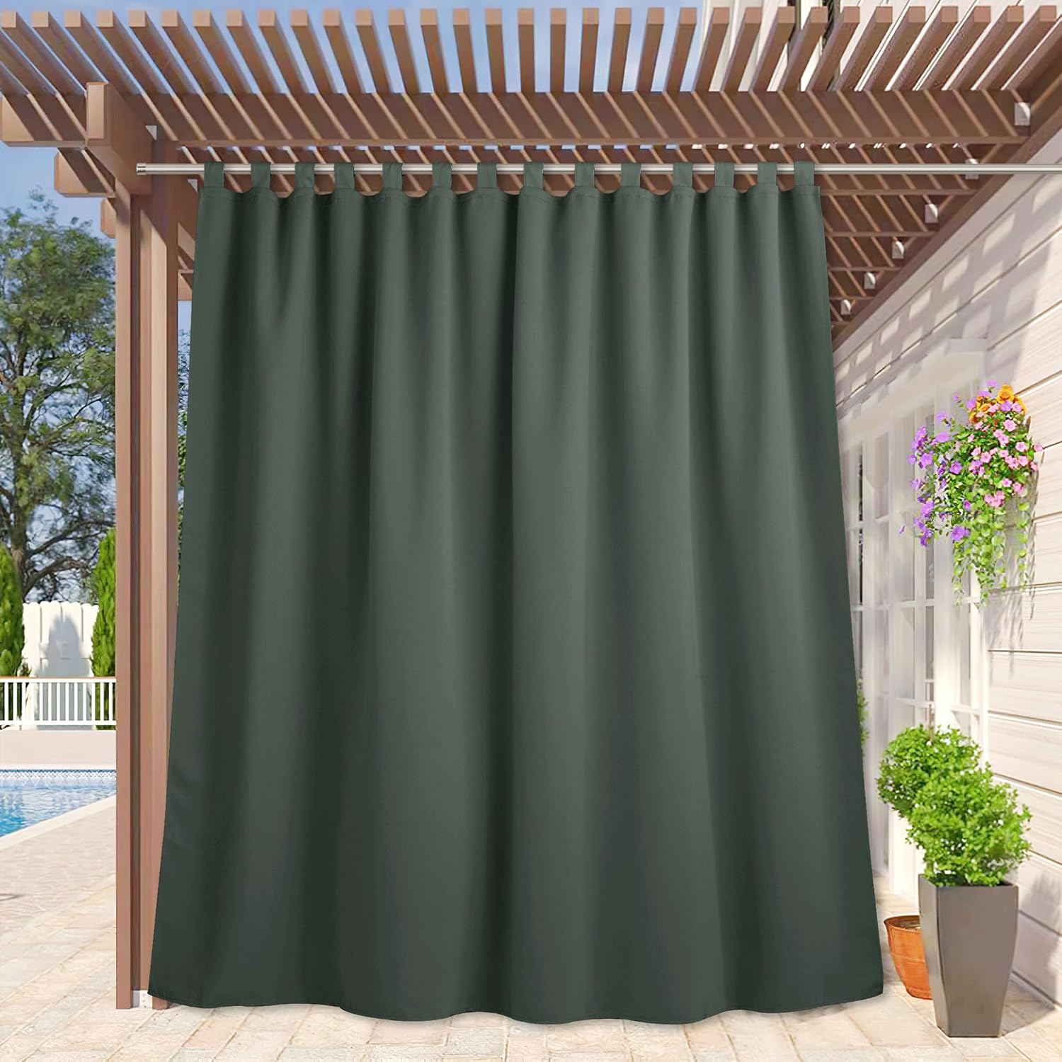 Outdoor Curtains - RYB HOME Extra Wide Outdoor Curtains - Waterproof Light Glare Block Neighbor Privacy Drapes for Screen Porch Patio Pavilion Gazebo Terrace, W 100 x L 84, Dark Green, 1 Panel