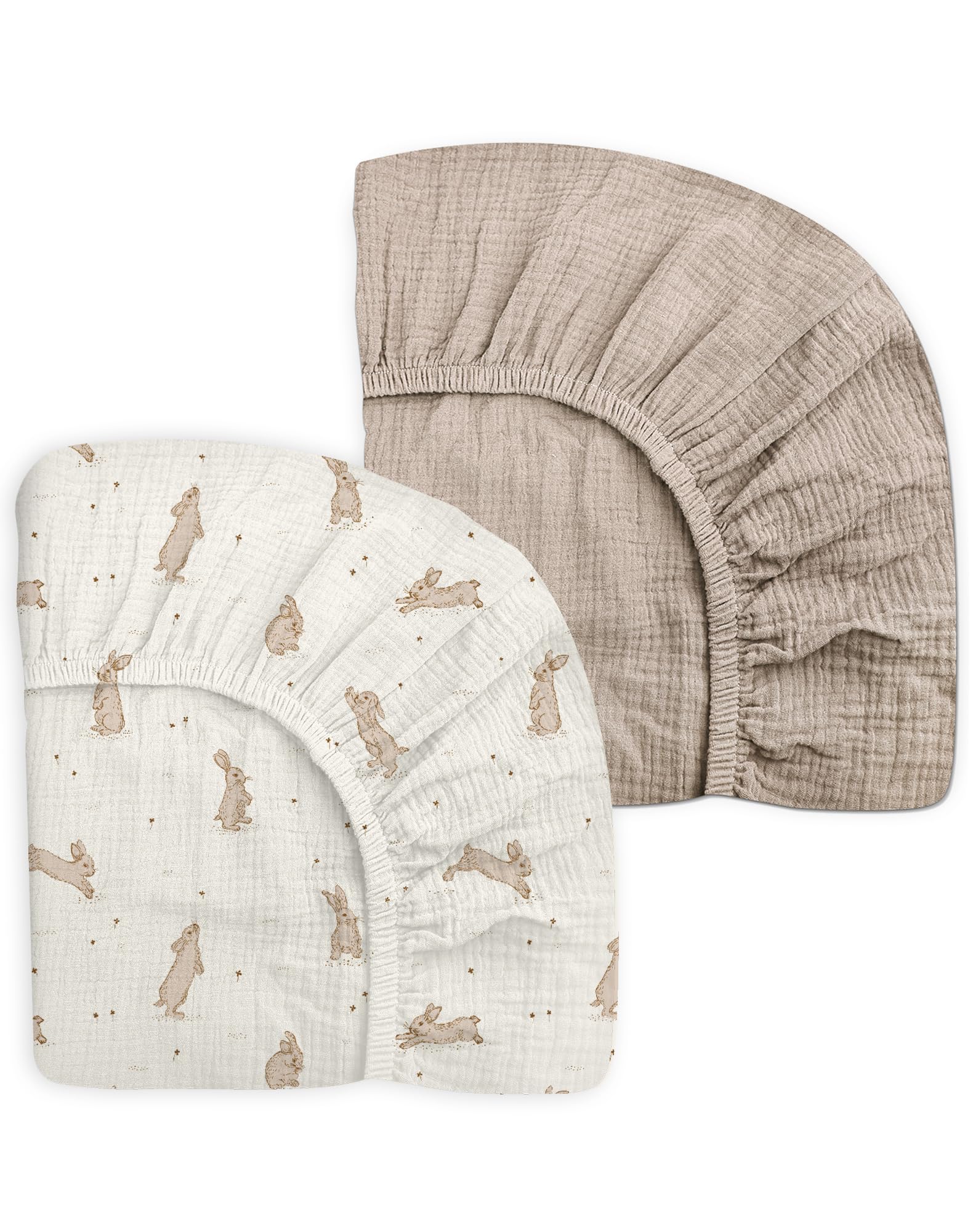 Photo 1 of Mini Crib Sheets for Baby Boy Girl 2 Pack, Neutral Mini Crib Mattress Sheet 24" x 38", Muslin Nursery Bedding Soft and Breathable Comfort (Hopping Bunnies & Beige)