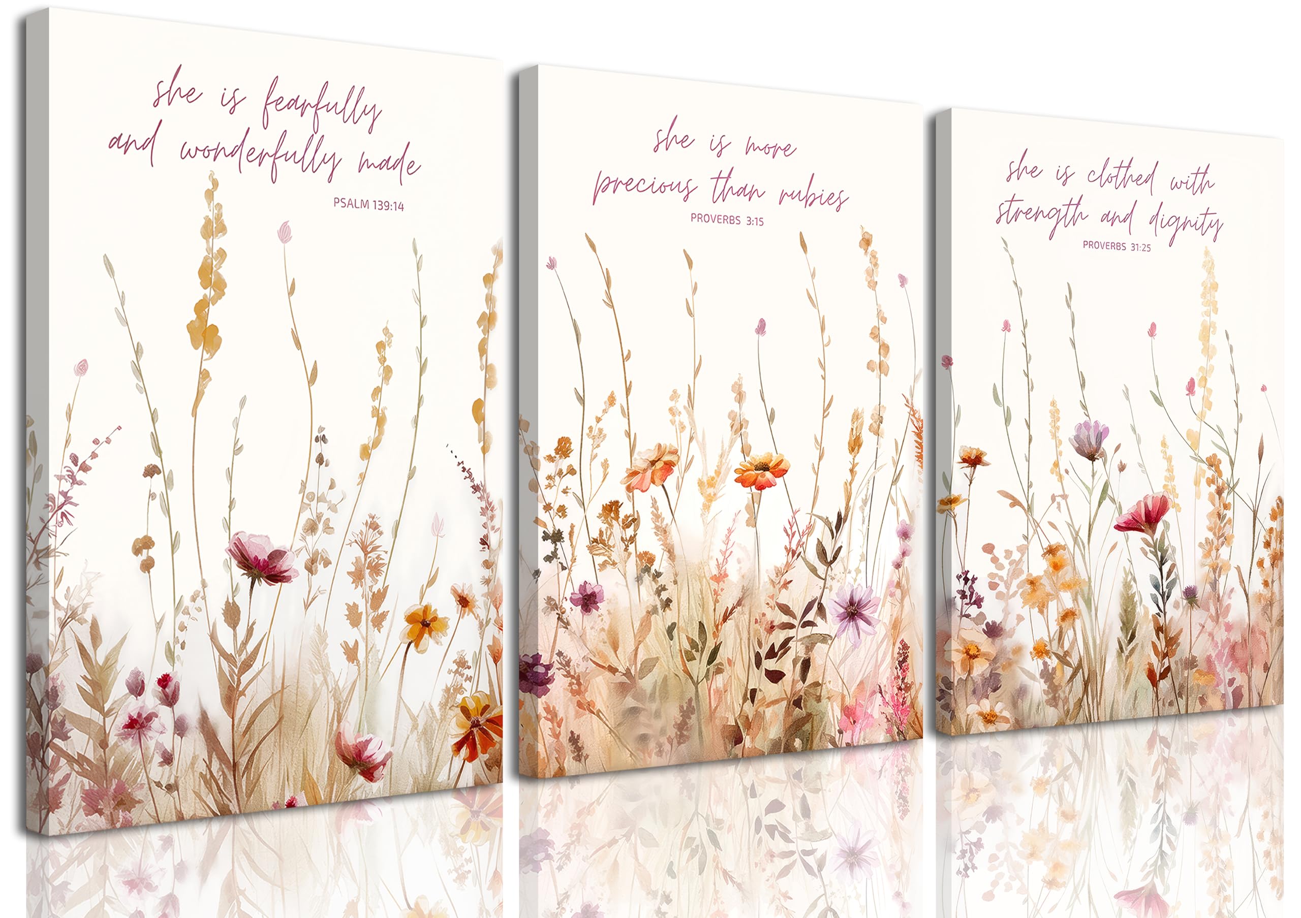 MALEDO 3Pcs Christian Nursery Canvas Wall Art Bible Verse Floral Pictures Wall Decor Boho Wildflower