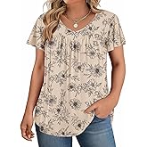 IN'VOLAND Plus Size Womens Ruffle Sleeve Tunic Tops V Neck Summer Shirts Floral Print Tops Dressy Blouse