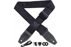 YIKOKO Guitar Strap, 2 Inch Corduroy Full Grain Leather End Guitar Strap for Bass, Electric and Acoustic Guitars, Free Strap Button, 1 Pair of Strap Locks and 4 Guitar Picks - Black