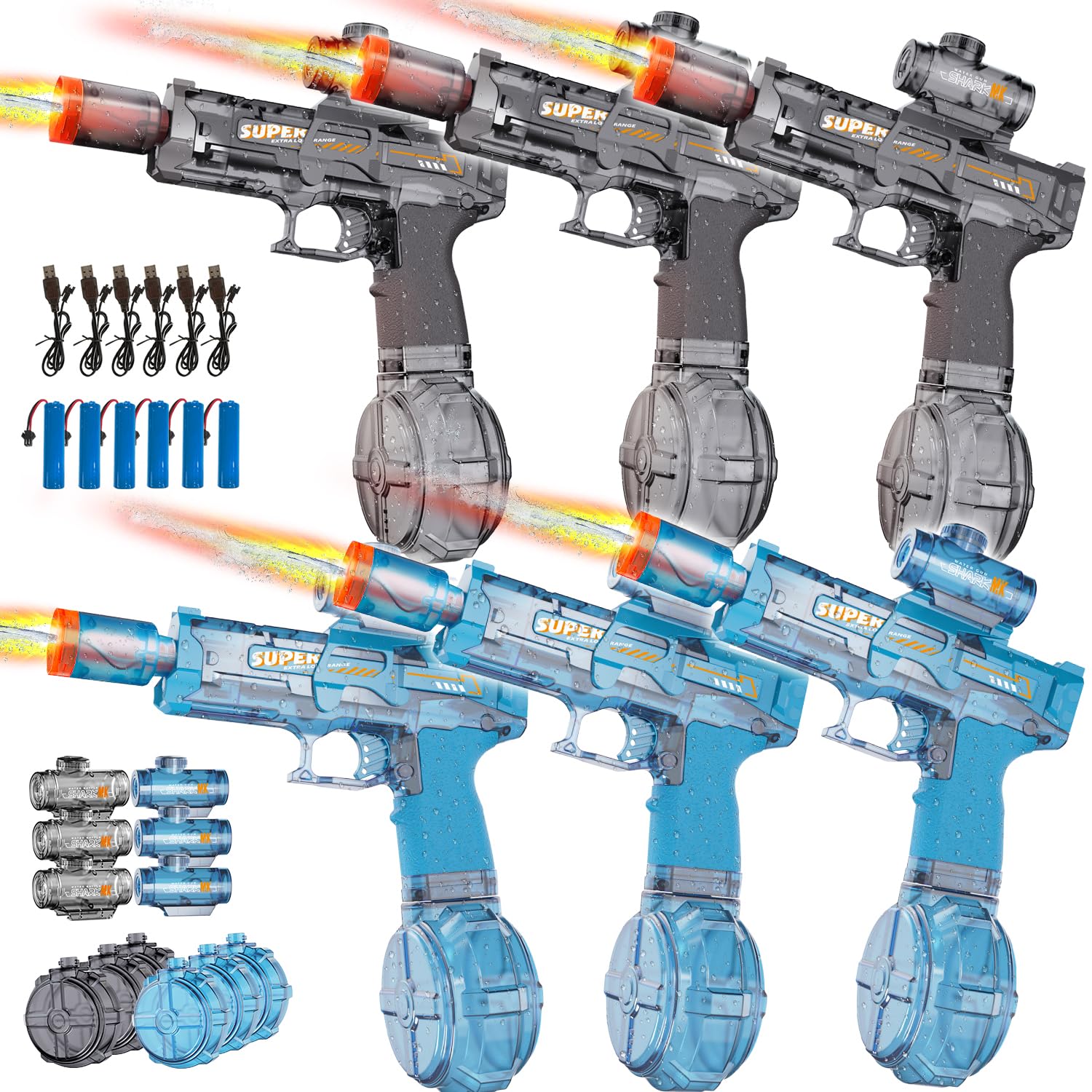 6pcs Electric Water Gun for Kids Adults, Auto Squirt Gun with Flashing Muzzle, 26FT Range, Leak-Proof Rechargeable Water Blaster for Summer Pool Beach Water Fights (3 Black+3Blue)
