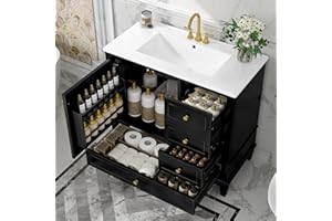 Siemd 36" Bathroom Vanity with Ceramic Sink and Solid Wood Frame & Legs, Bathroom Storage Cabinet with Drawers and Single-Doo