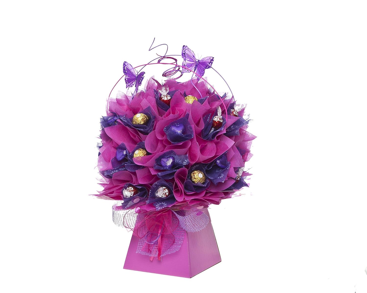 Beautiful chocolate bouquet in pink/purple design. Chocolate choices