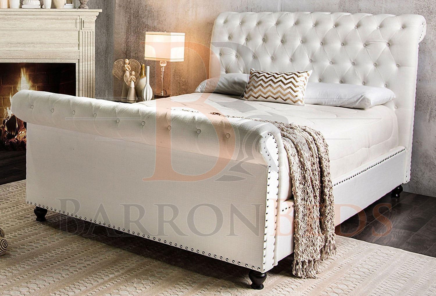 Barron beds Crushed velvet or chenille scroll sleigh bed frame and 2 types of fabric to choose from (SILVER CRUSHED VELVET, 5FT KING SIZE)