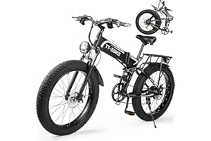 TT-EBIKE Folding Electric Bike Adults 750/1000W with 48V 17.5AH Removable Battery 26 inch 4.0 Fat Tire 31MPH Full Suspension Snow Mountain Beach Ebike with Professional Shim 7-Speed Gear