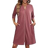 Ekouaer Zipper Robes for Women 3/4 Sleeve Waffle Knit Bathrobe Lightweight Short Housecoat with Pockets Soft Loungewear S-3XL