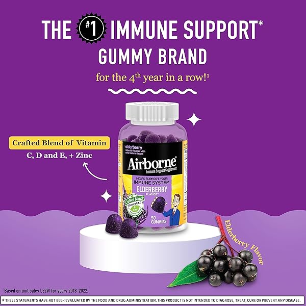 AIRBORNE ELDERBERRY + ZINC & VITAMIN C GUMMIES FOR ADULTS, IMMUNE SUPPORT VITAMIN D & ZINC GUMMIES WITH POWERFUL ANTIOXIDANT VITAMINS C D & E – 50 GUMMIES, ELDERBERRY FLAVOR