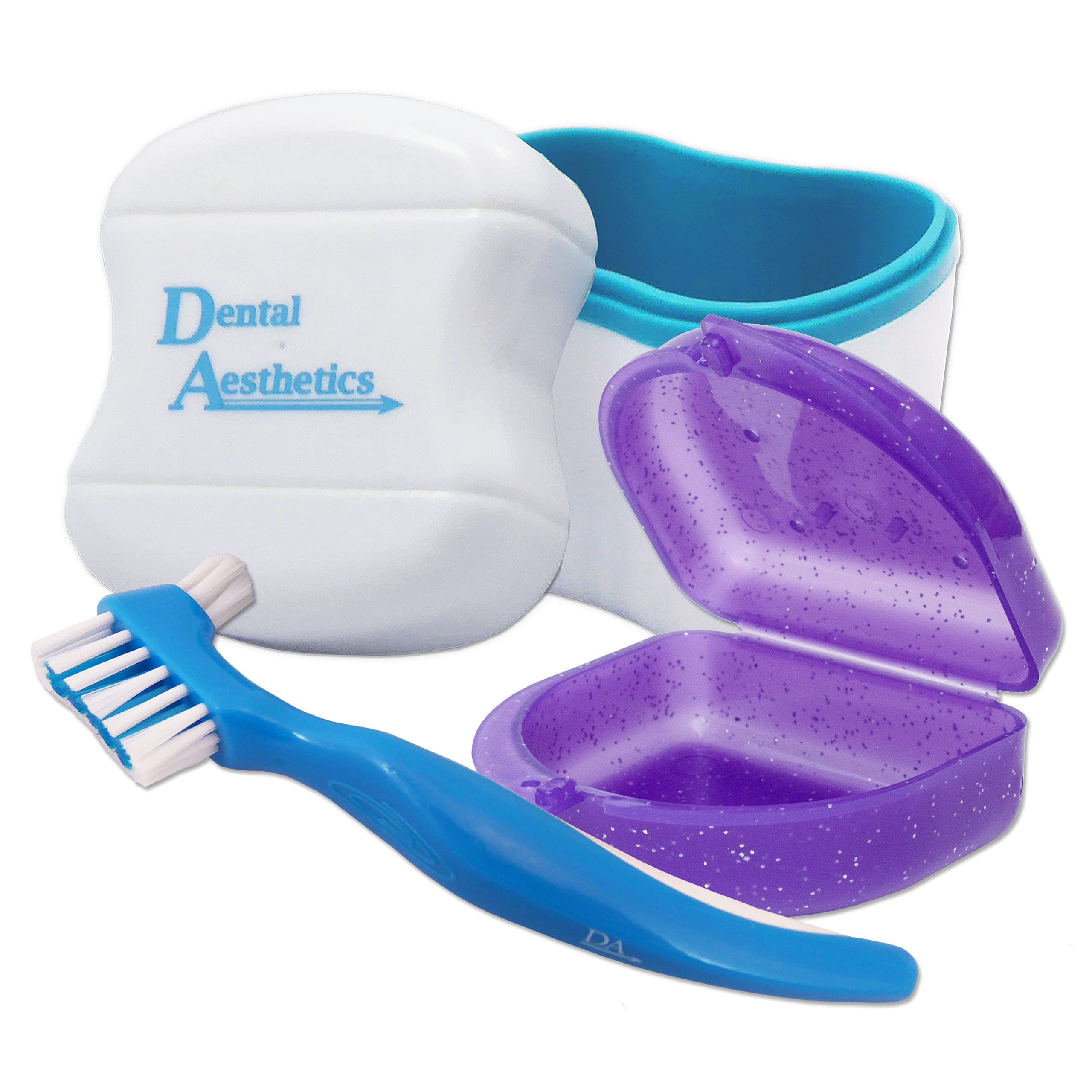 Dental Bath, Retainer Case and Brush ~ Storage Case and Container for Soaking and Cleaning Ortho Retainers (Blue Bath, Glitter Purple Case, Blue Brush)