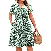 IN'VOLAND Women's Plus Size V Neck Knee Length Dress Casual Floral Dresses Summer Short Sleeve Sundress with Pockets