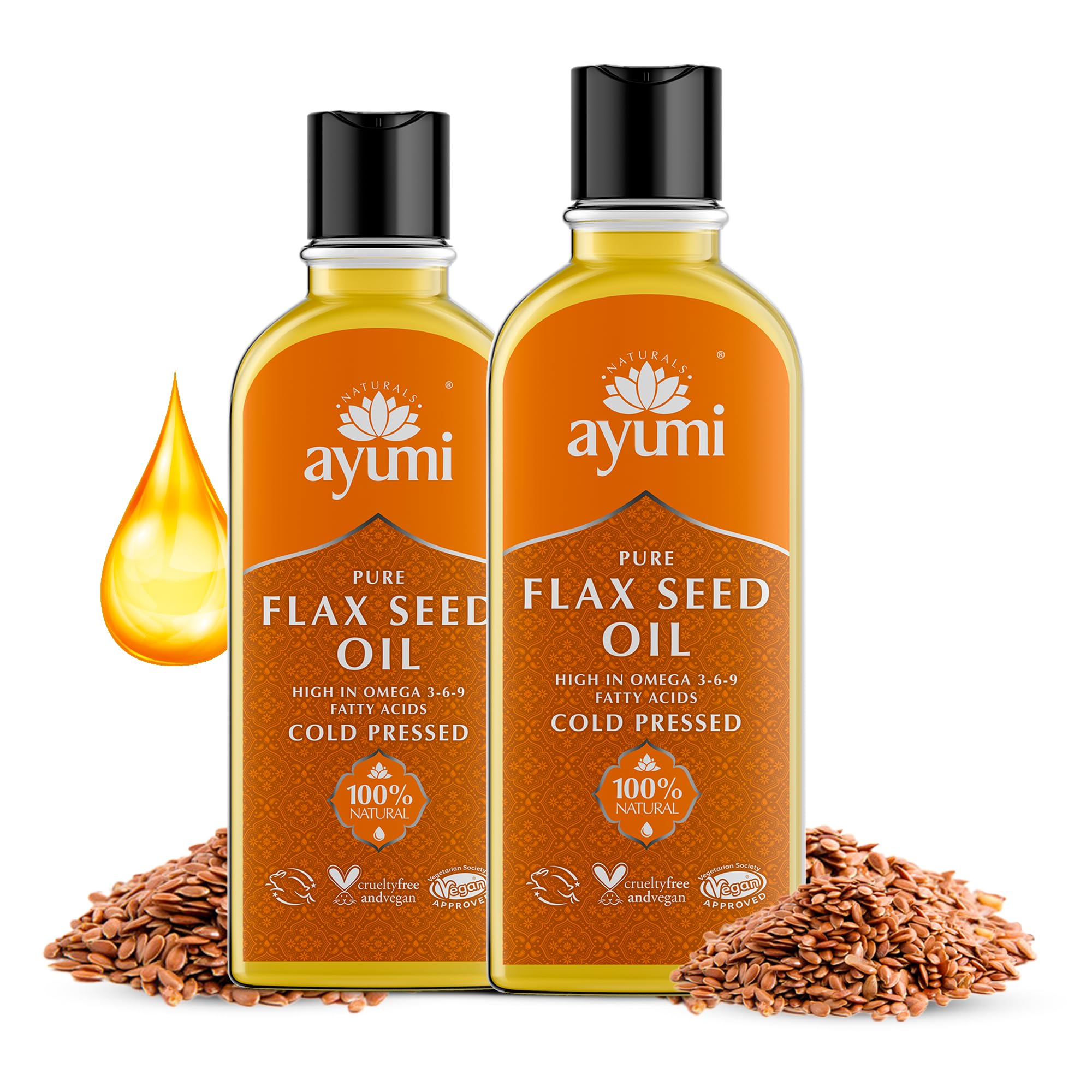 Ayumi Pure Flaxseed Oil Rich in Omega-3 | Cold Pressed Flaxseeds Body Oil for Dry Skin | Hair Oil for Dry Damaged Hair | Face Oil to Combat Wrinkles | Linseed Oil to Control Blood Sugar |2x 150ml