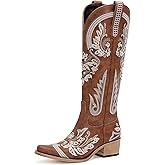 Western Cowboy Boots for Women Embroidered Rhinestones Knee High Cowgirl Boots Pointed Toe Chunky Heel Fashion Retro Classic Tall Boot