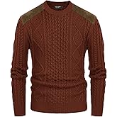PJ PAUL JONES Mens Sweater Military Cable Knit Crewneck Vintage Long Sleeve Pulllover Sweaters with Suede Patchwork