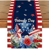 Artoid Mode Floral American Flag Stars Soldier Veterans Day Table Runner, Patriotic Kitchen Dining Table Decoration for Home Party Decor 13x72 Inch