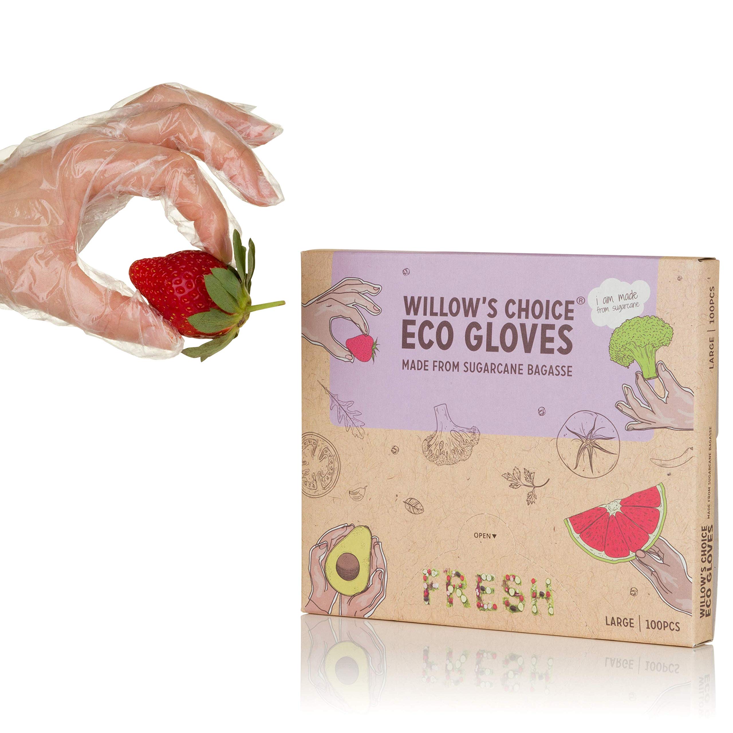 Willow's Choice Eco Disposable Gloves, Made from Bio Sugarcane Plant, Vegan, Recyclable, BPA and Phthalates Free, Touch Screen Friendly, Great for Food Handling and Home Chores, 100 pcs, Large