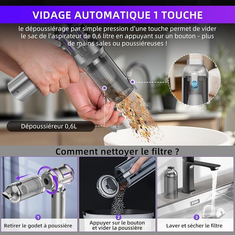 Aspirateur à Main, 25000Pa Aspirateur Voiture Puissant avec Vidage Automatique 1 Touche, 4-en-1 Aspirateur sans Fil avec Moteur sans Balai, 3 Niveaux, Idéal pour les Poils D'animaux, Voiture, Maison — photo 3 sur 7