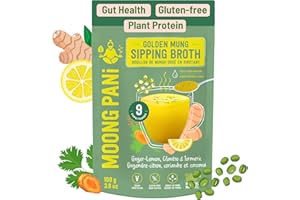 Moong Pani Golden Vegetable Mung Broth Powder w/Plant Protein 9 Servings Travel Packs High Protein & Fibre Ginger Lemon & Turmeric, Bouillon, Non-GMO Veg Stock, Makes Nourishing Soups and Stews