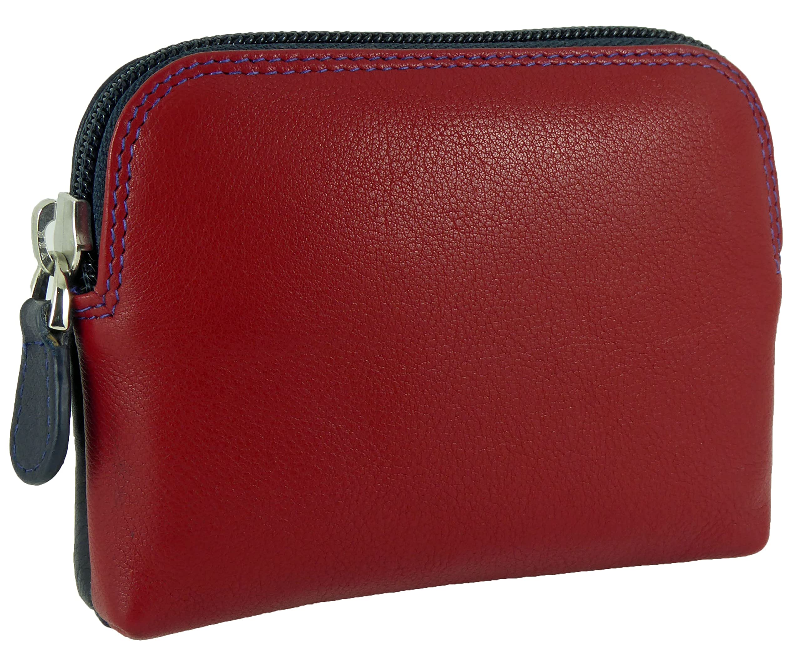 Small Soft Leather Credit Card Holder and Coin Zip Purse (Navy/Red Multi)