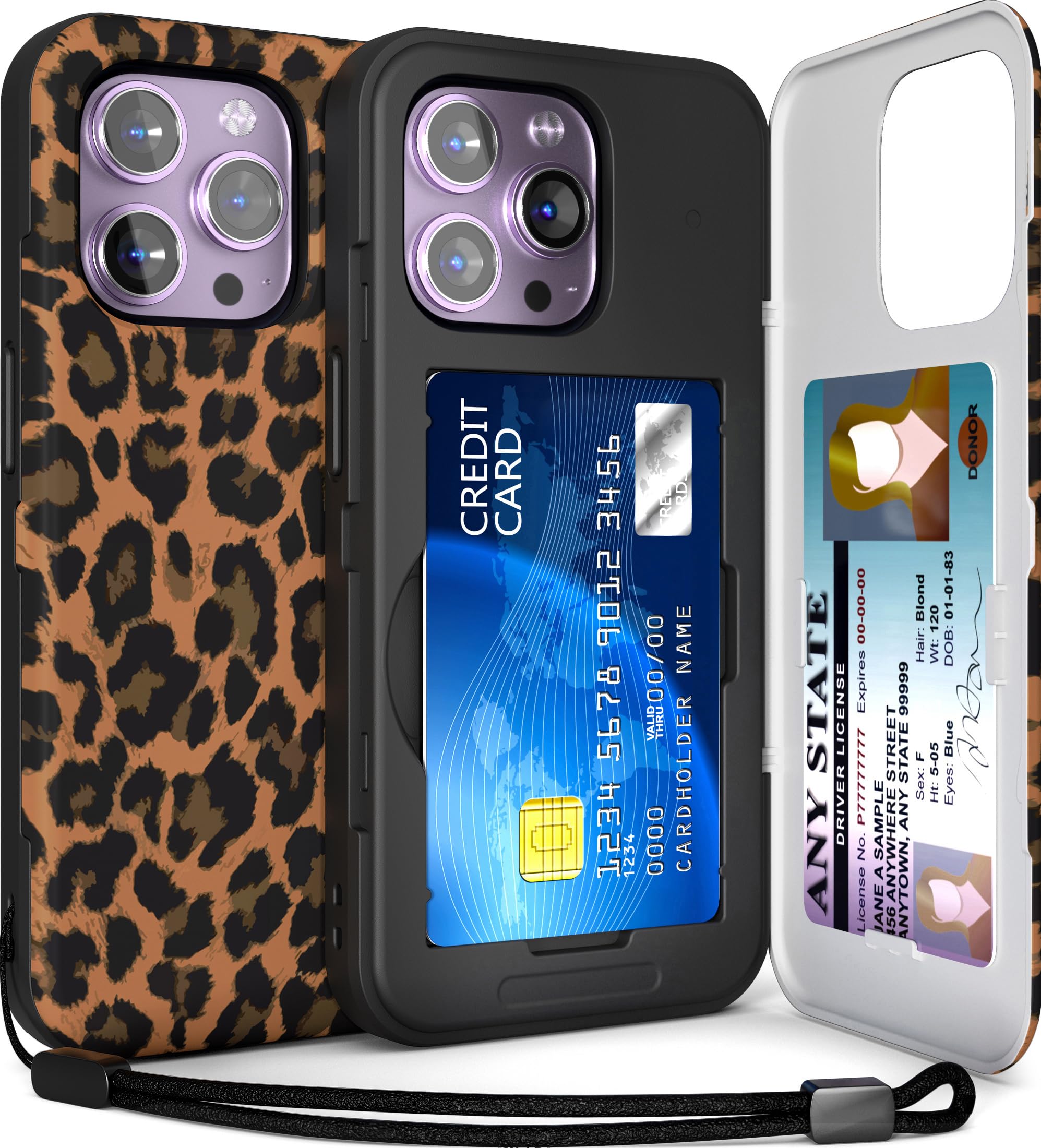 TORU for iPhone 14 Pro Wallet Case with Card Holder, Hidden ID Credit Card Slot Flip Kickstand, Slim Fit Shockproof Heavy Duty Phone Cover with Strap - Leopard Pattern — image 1