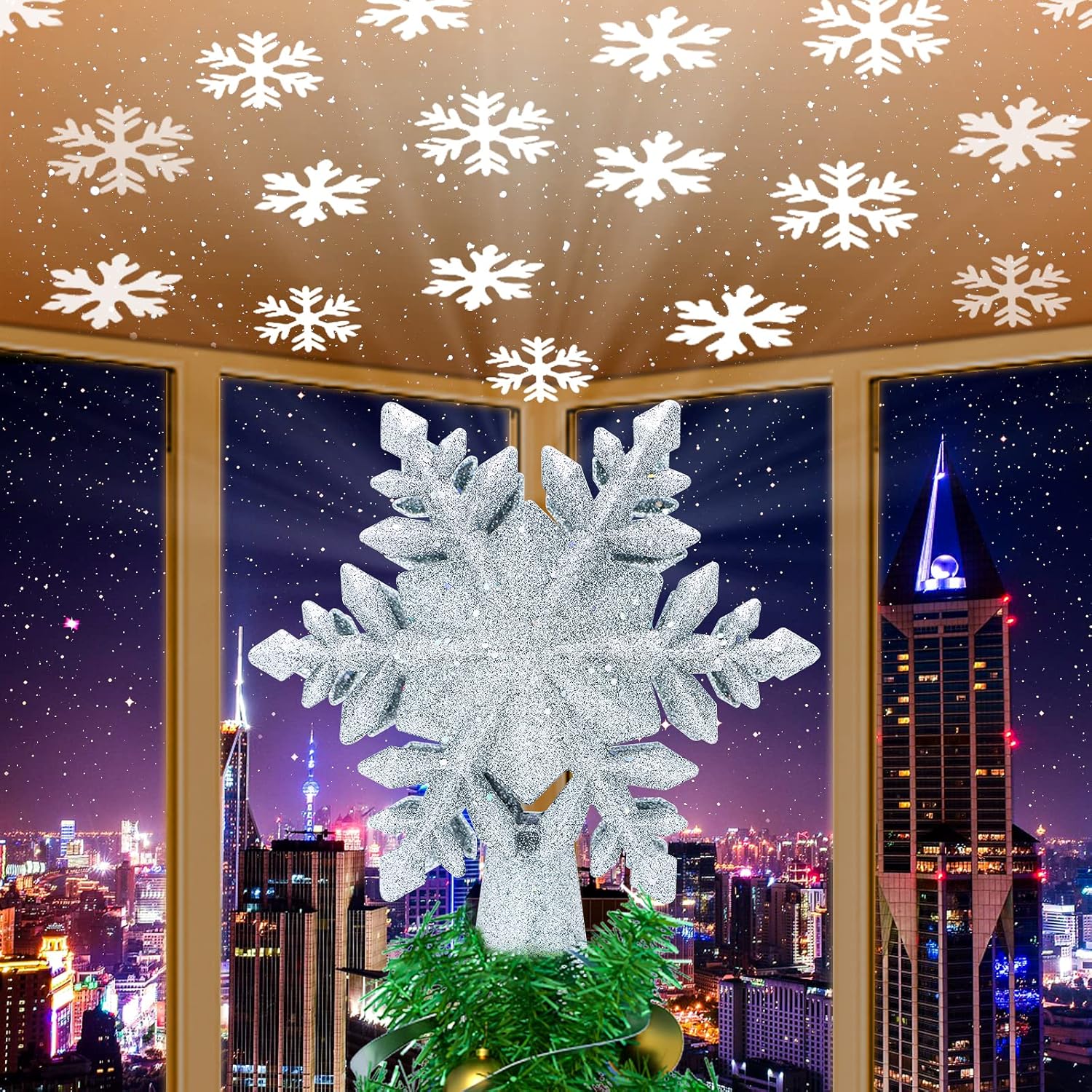 Tree Toppers - Christmas Snowflake Tree Topper with Built-in Led Snowflake Projector Lights, Christmas Decoration, Led Tree Topper Projector Lights for Christmas Tree Decorations, Holiday Decoration (Silver)