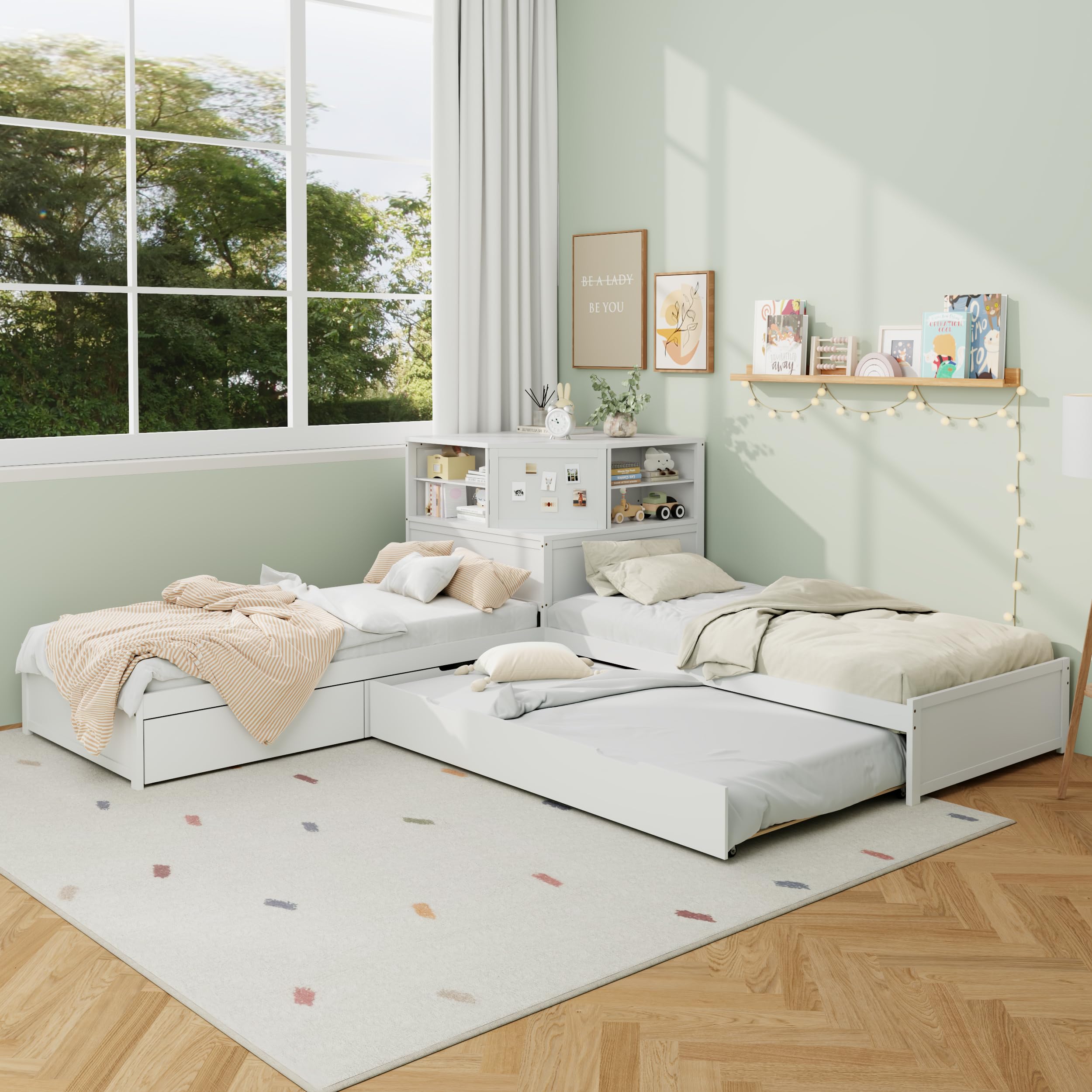 Photo 1 of **SELLING FOR PARTS AS PARTIAL SET. ONE BOX OF TWO**Merax L-Shaped Combination Twin Bed Frame with Trundle,Drawer,Built-in Desk,3-in-1 Design for Bedroom