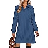 Halife Women's Casual Long Sleeve Fall Dresses V Neck Ribbed Knit Lightweight Sweater Dress with Zippers