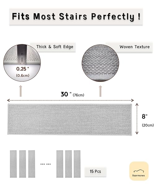 XAARMONEX NATURAL LINEN STAIR TREADS FOR WOODEN STEPS, 15 PCS 8″ X 30″,NON SLIP STAIR RUNNER, PEEL AND STICK CARPET INDOOR FOR KIDS ELDERS AND PETS (15, GREY, 8″ X 30″)