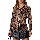 Milumia Women's Sheer Mesh Leopard Print Button Down Shirt Long Sleeve Chiffon Blouse Dressy Top
