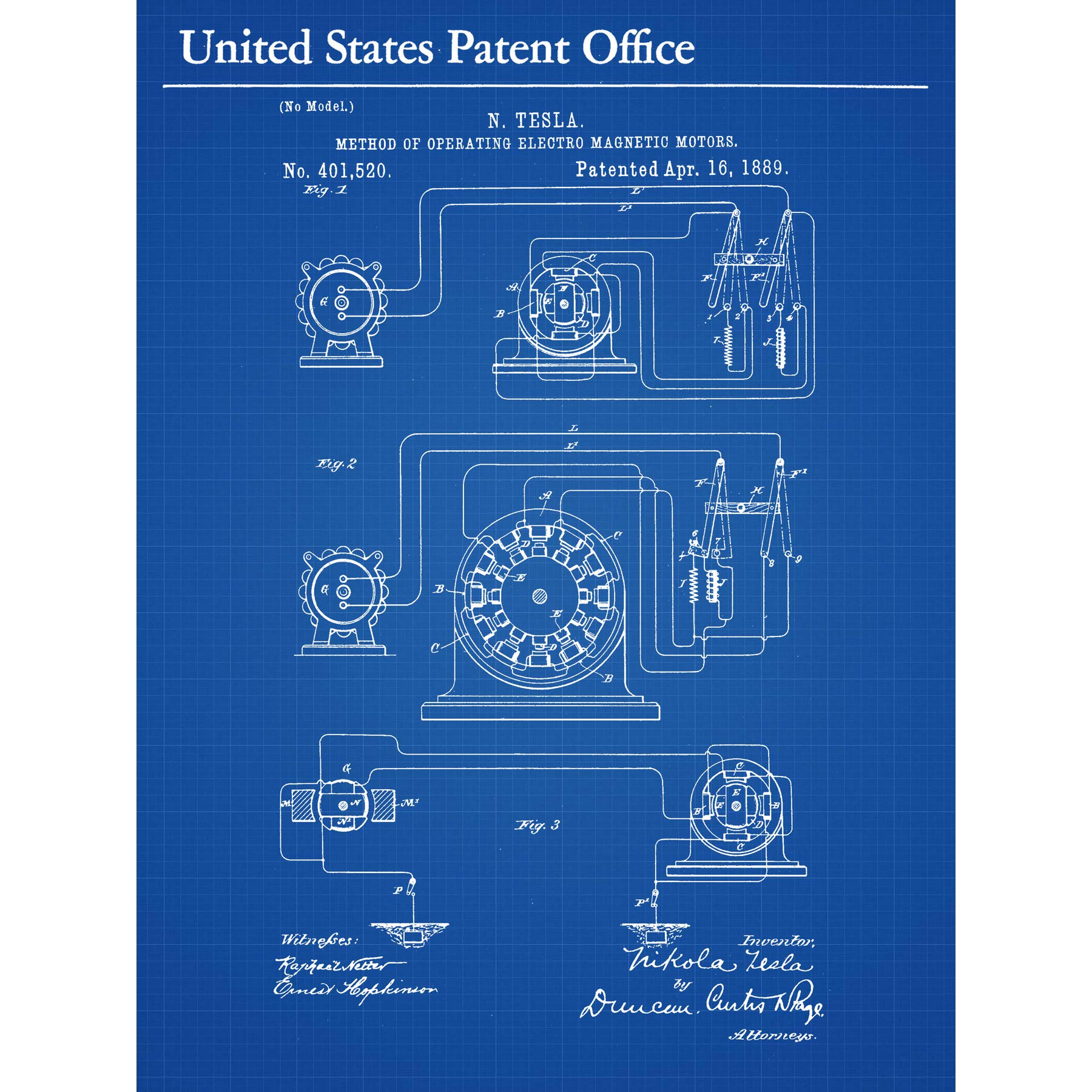 Artery8 Tesla Electro Magnetic Motor 1889 Vintage Patent Premium Wall Art Canvas Print 18X24 Inch