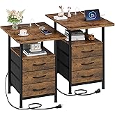 GYIIYUO Night Stand Set 2 with 19'' Large Tabletop, 3 Fabric Drawer and Fast Charging Station, Bedside Table with Spacious St