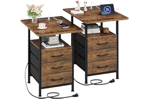 GYIIYUO Night Stand Set 2 with 19'' Large Tabletop, 3 Fabric Drawer and Fast Charging Station, Bedside Table with Spacious St