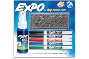 EXPO Low Odor Dry Erase Marker Set with White Board Eraser and Cleaner, Fine Tip Dry Erase Markers, Assorted Colors, 7 Piece Set with Whiteboard Cleaner
