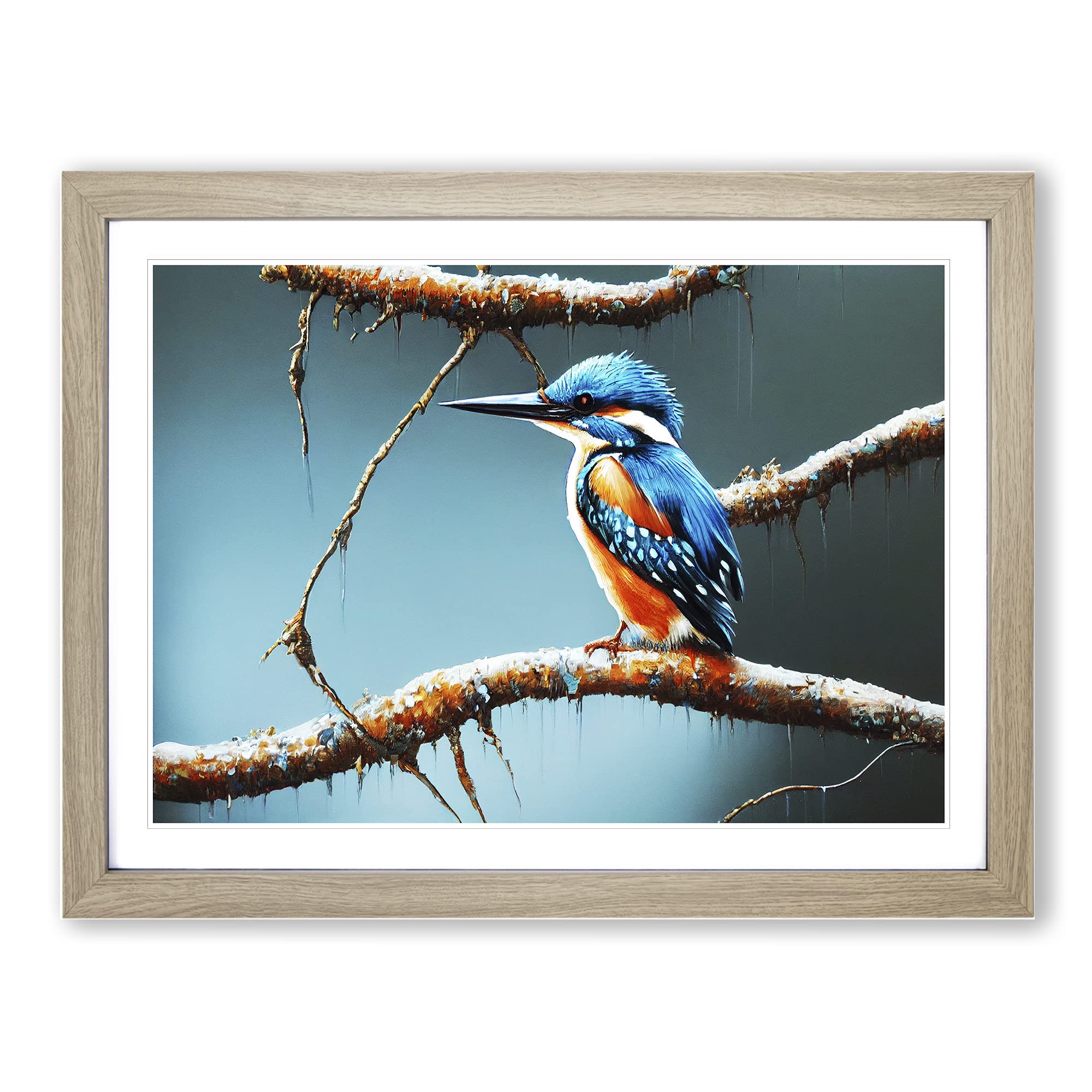 Graceful Kingfisher Bird Framed Print | A4 Oak Framed Wall Art | Ready to Hang | Modern Nature Picture | Living Room Bedroom Lounge Office